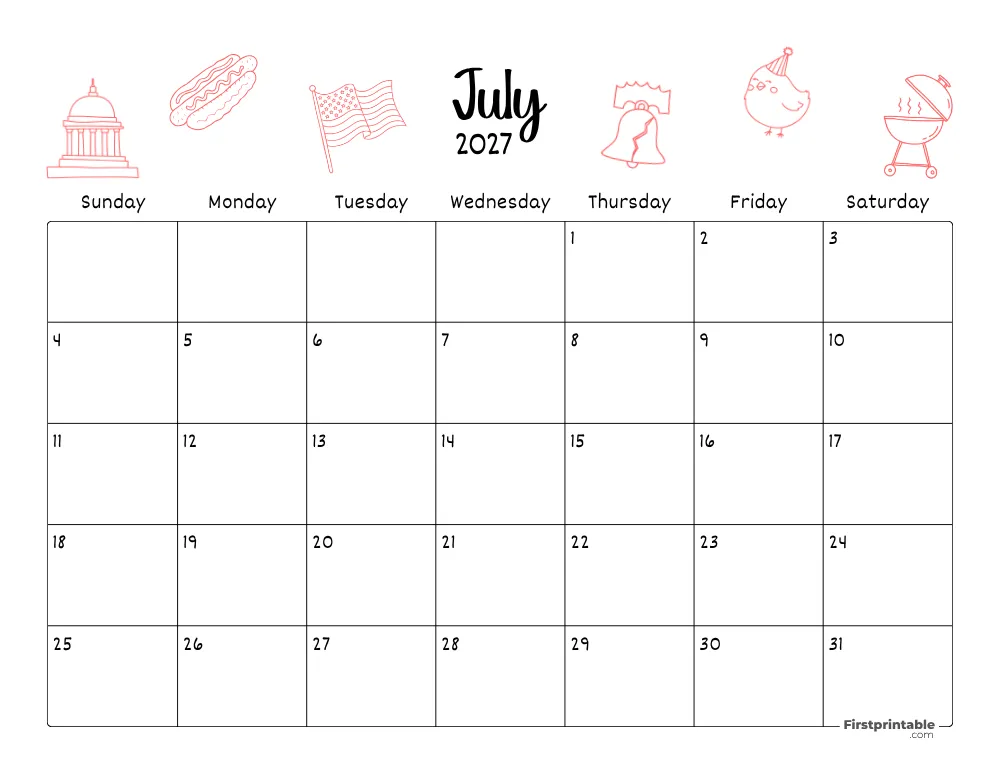 July Calendar 2027 Fourth of July Themed 06
