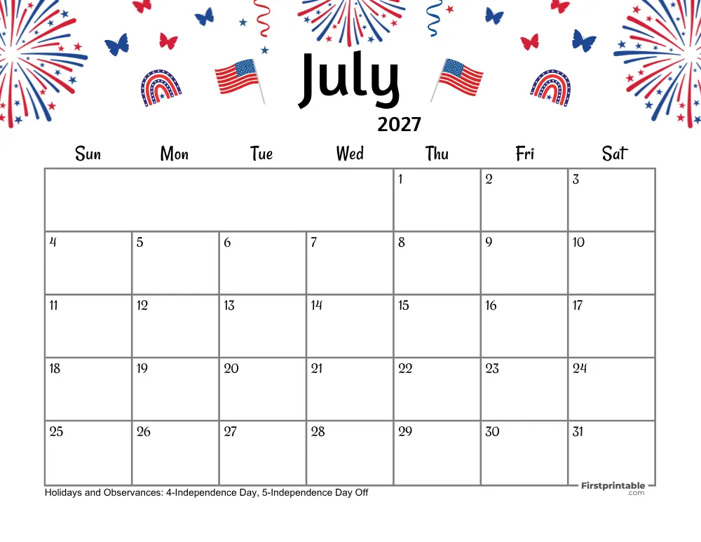July Calendar 2027 - Fourth of July