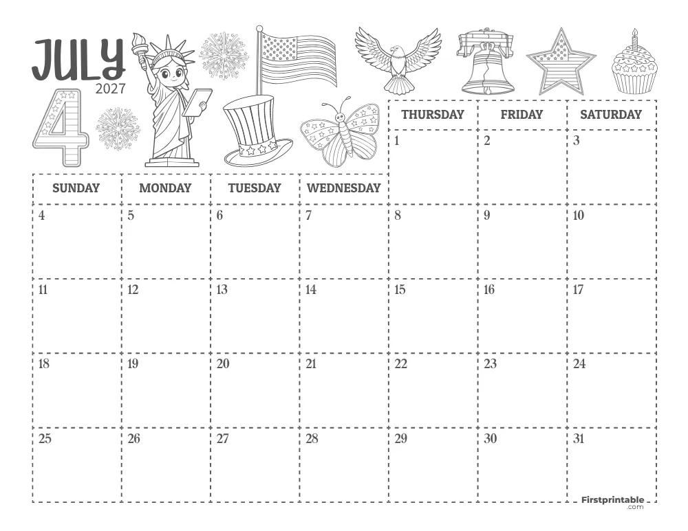 July Calendar 2027 Independence Day Themed 01