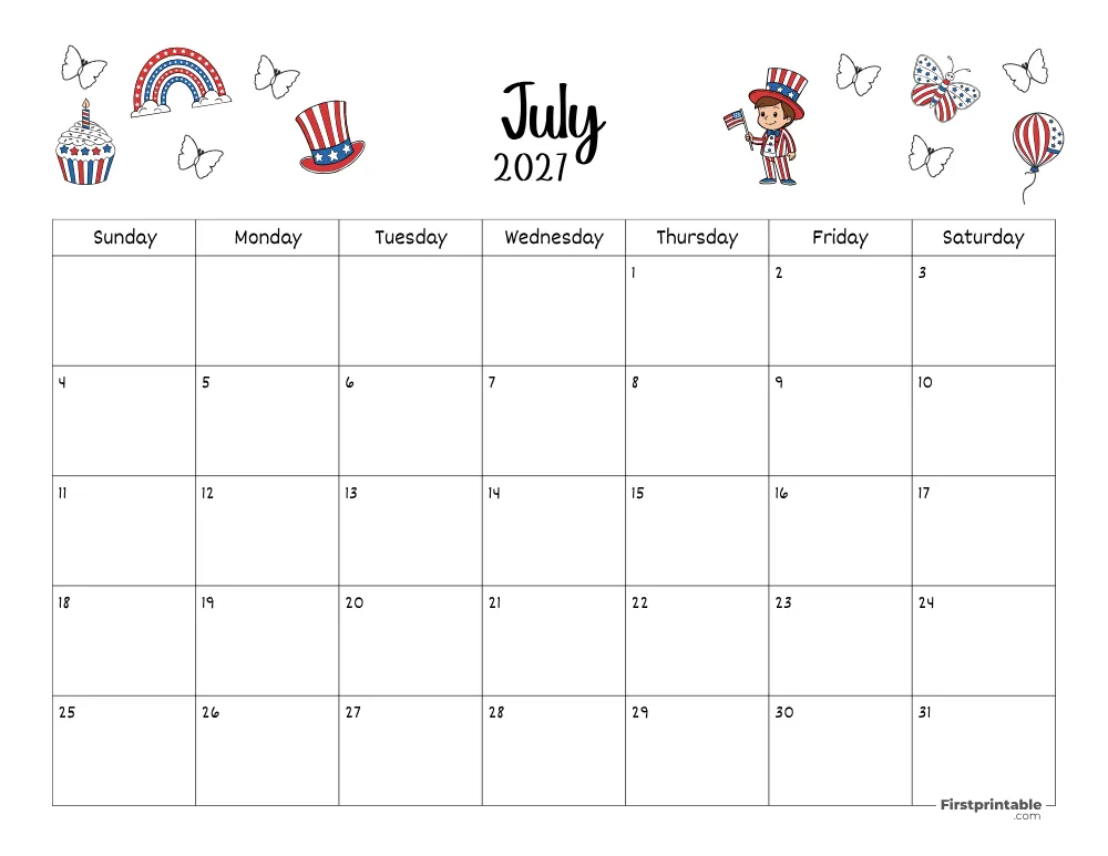July Calendar 2027 Independence Day Themed 02