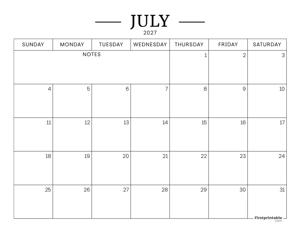 July Calendar 2027 Printable