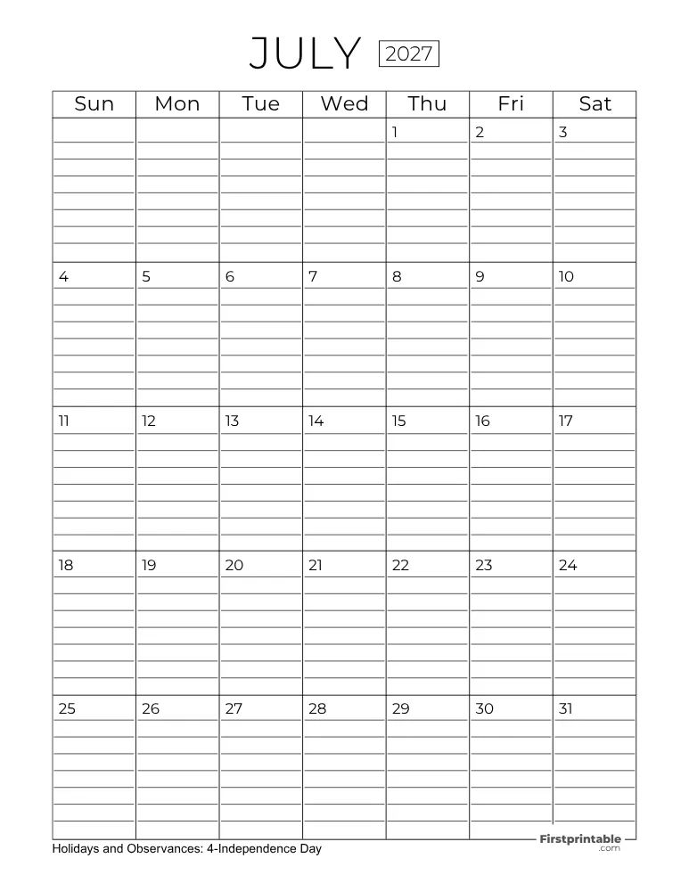 July Calendar 2027 with Lines