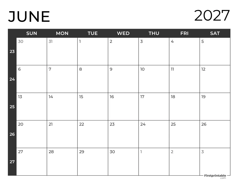 June 2027 Calendar with Week Numbers