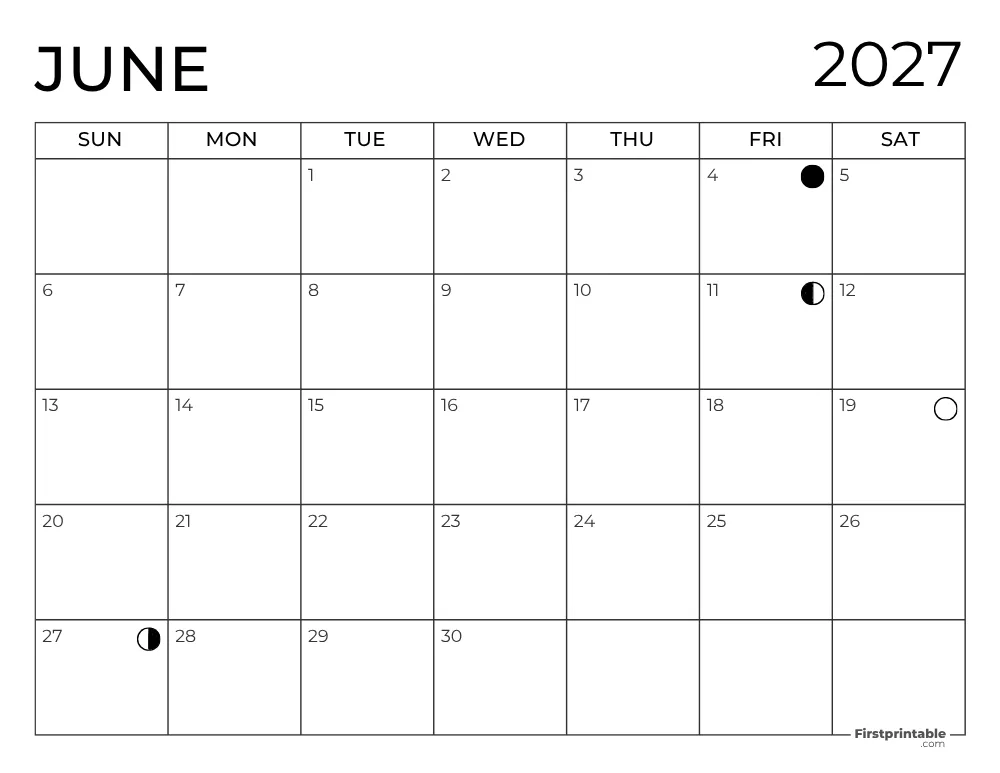 June 2027 with Moon Phases