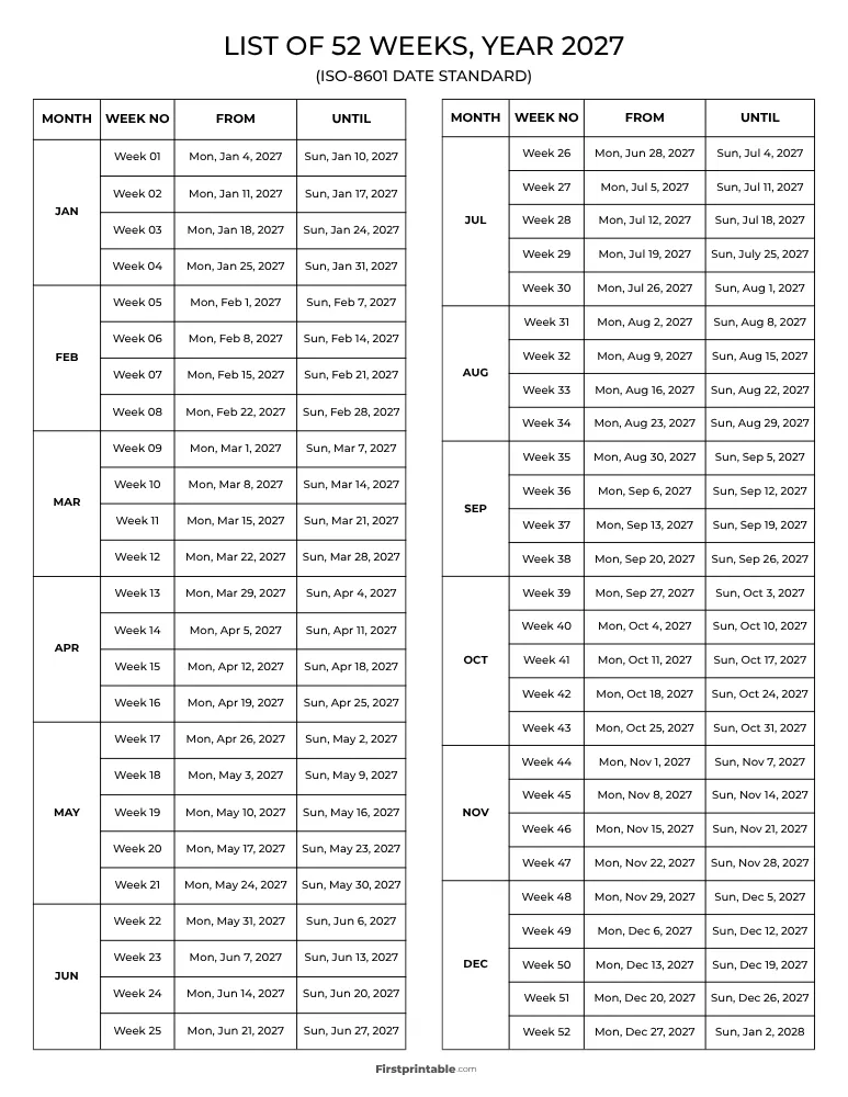 List of Week Numbers for 2027 ISO 8601