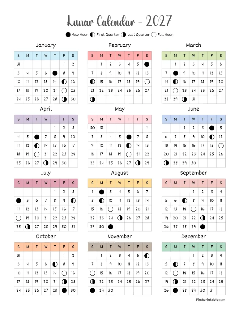 Lunar Calendar 2027 with Moon Phases 01