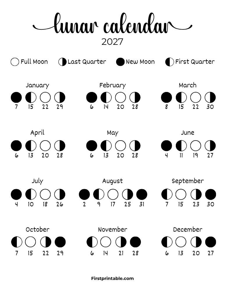Lunar Calendar 2027 with Moon Phases 02