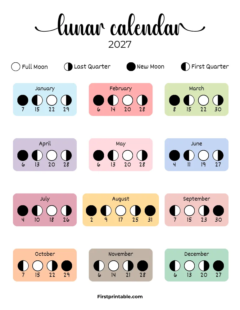 Lunar Calendar 2027 with Moon Phases 03