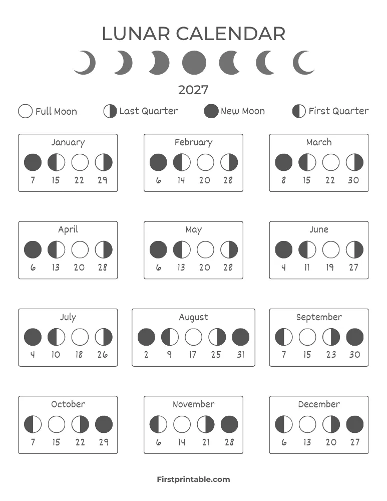 Lunar Calendar 2027 with Moon Phases 06