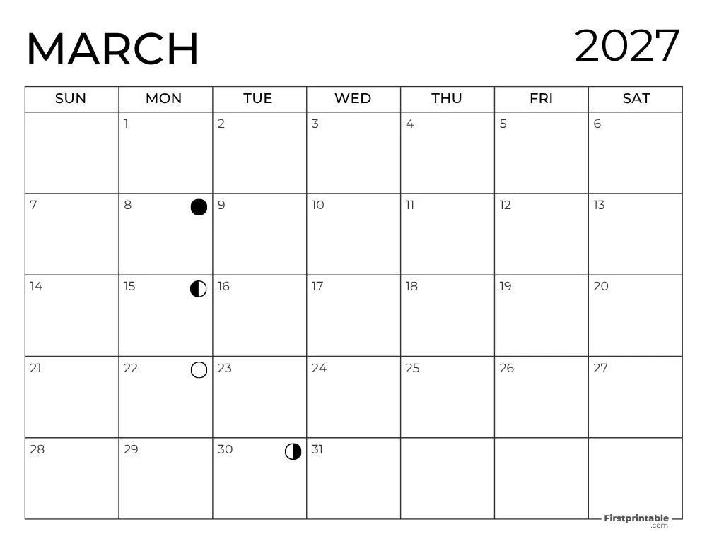 March 2027 with Moon Phases