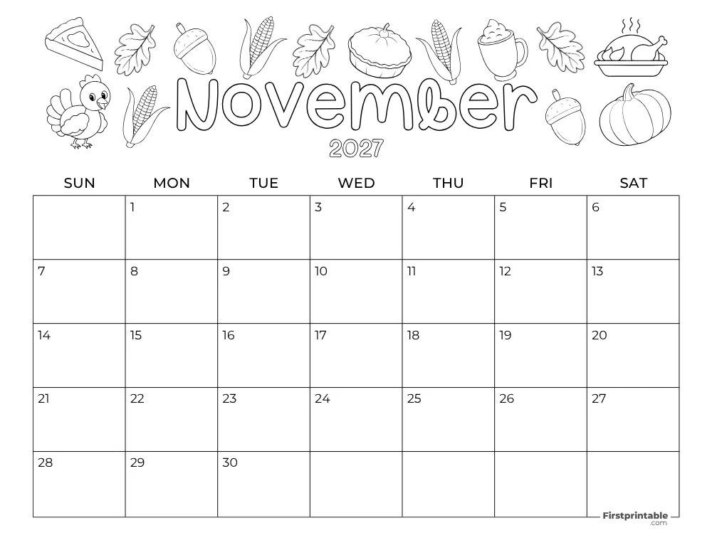 November 2027 Calendar Thanksgiving Day Themed