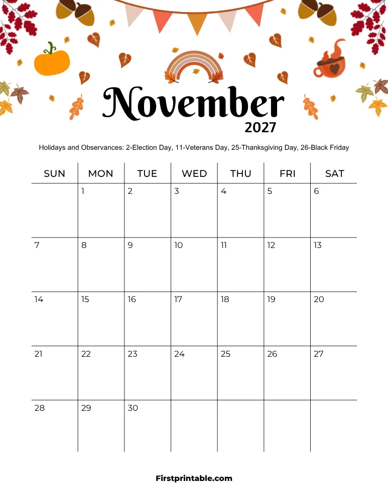 November 2027 Calendar Thanksgiving Theme