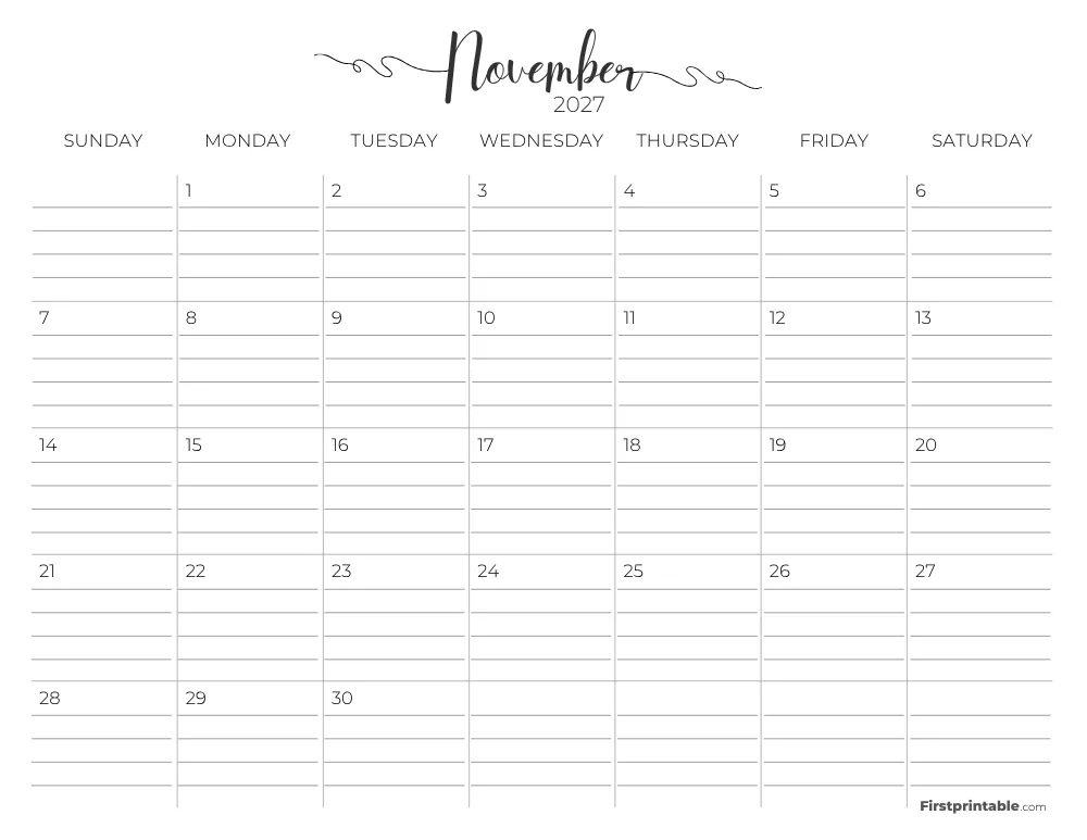 November 2027 Calendar with lines 02