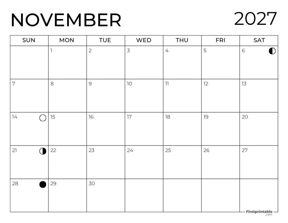 November 2027 with Moon Phases