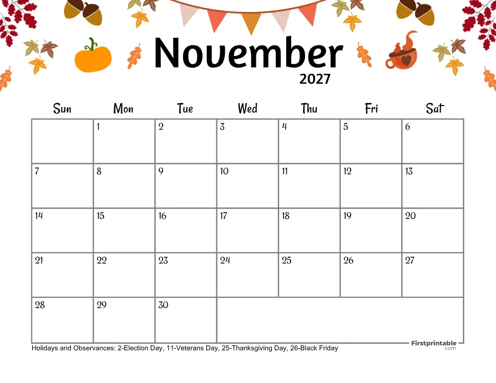 November Calendar 2027 - Thanksgiving Day