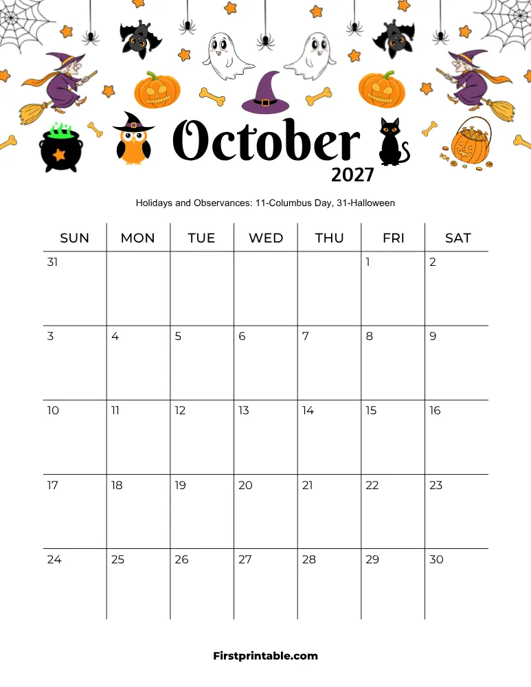 October 2027 Calendar Halloween Theme
