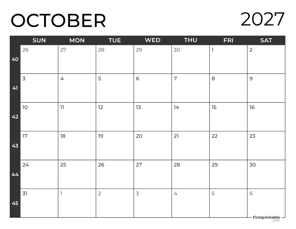 October 2027 Calendar with Week Numbers