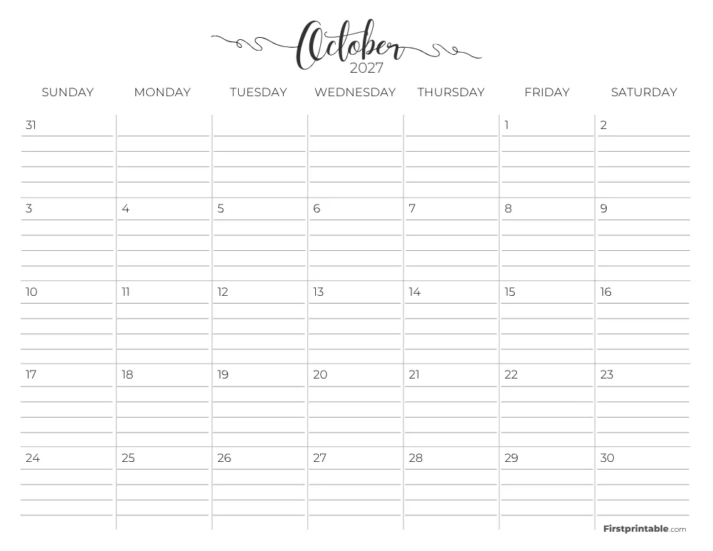 October 2027 Calendar with lines 02