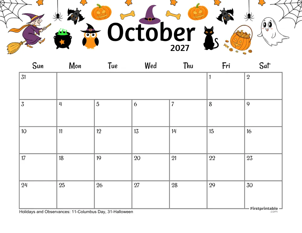 October Calendar 2027 Halloween