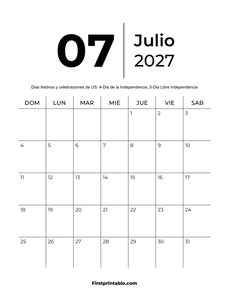 Plantilla de calendario imprimible de julio de 2027