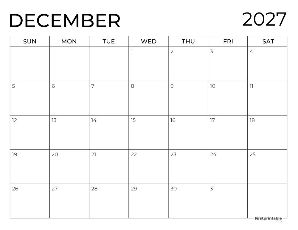 Printable December 2027 Calendar