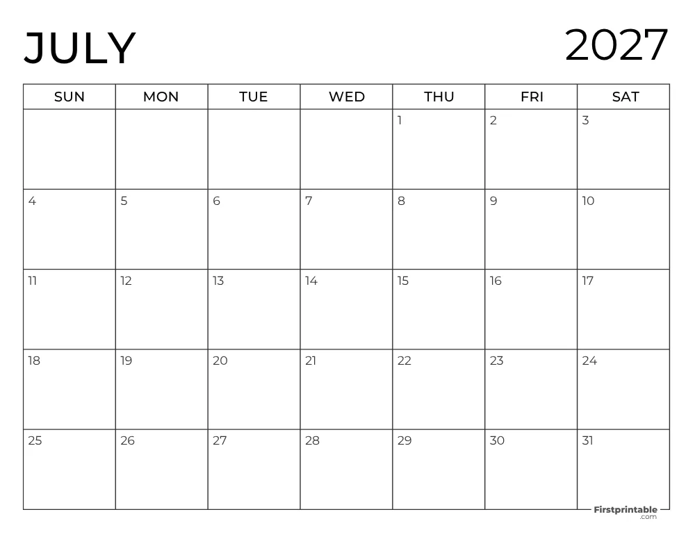 Printable July 2027 Calendar
