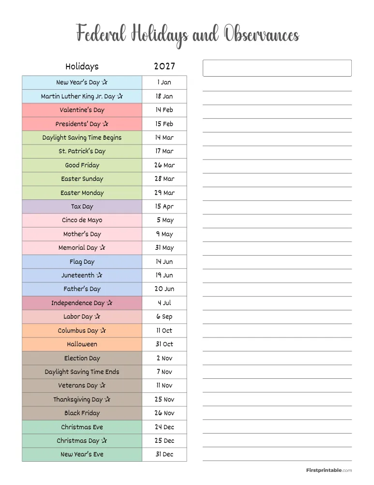 2027 Federal Holidays