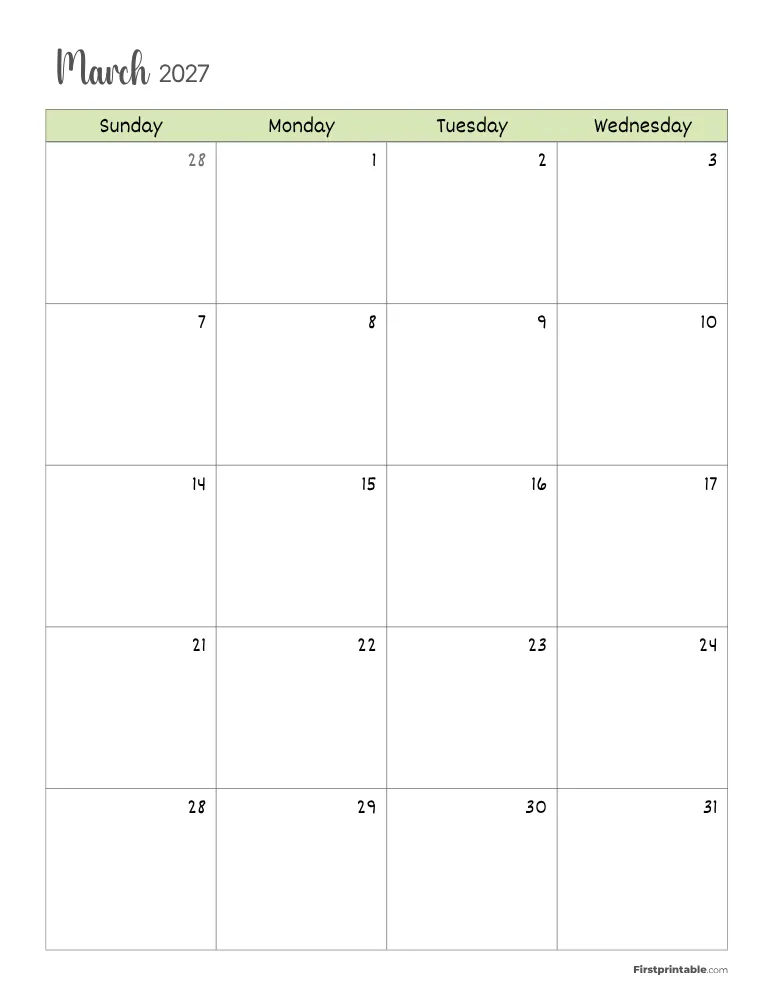 March 2027 Calendar Page 01