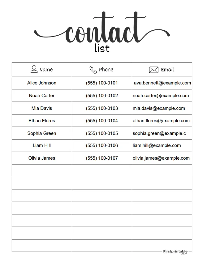 Sample Contact List Template