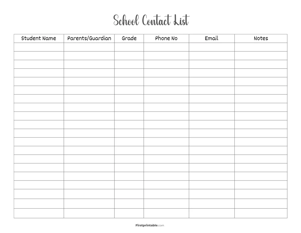 School Contact List Template 01