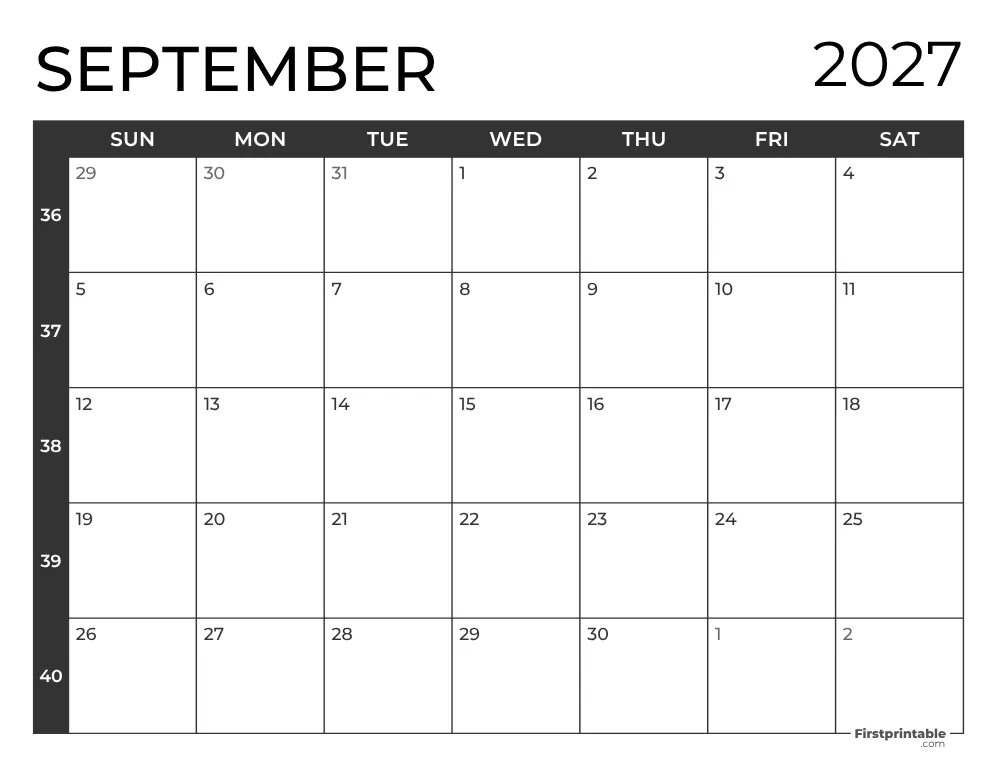 September 2027 Calendar with Week Numbers