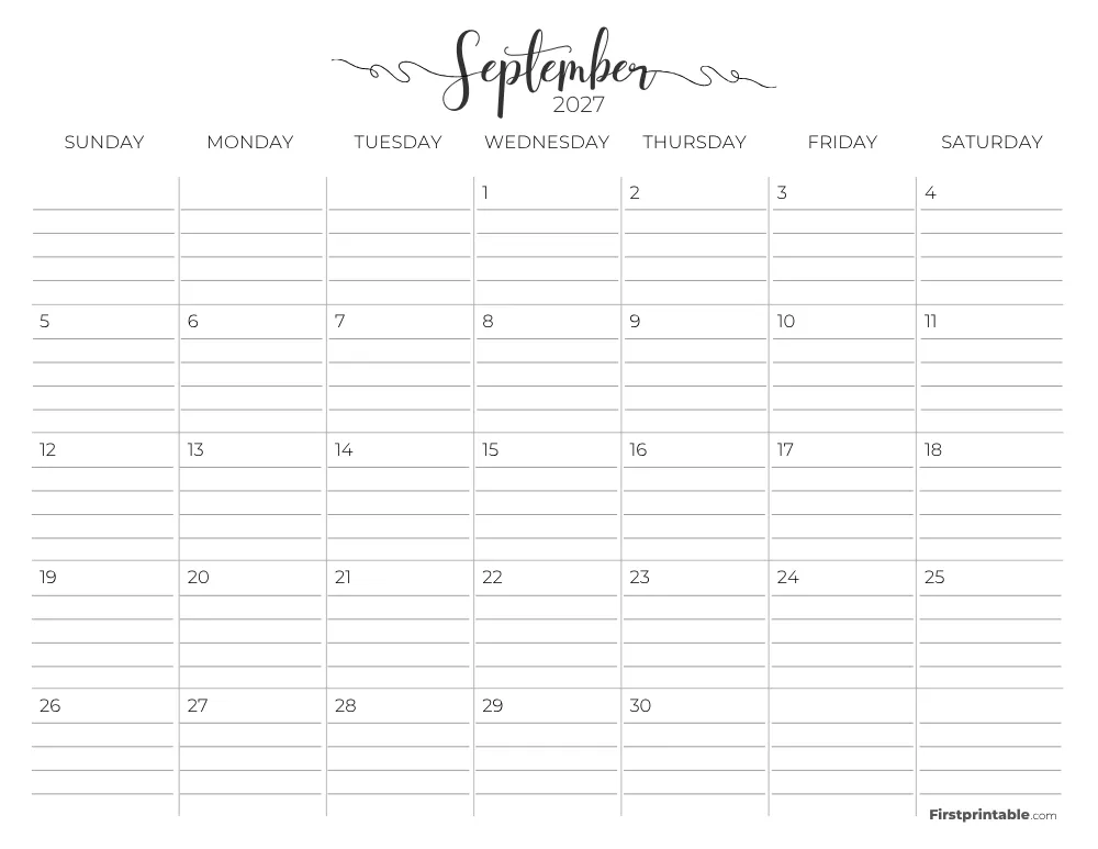 September 2027 Calendar with lines 02