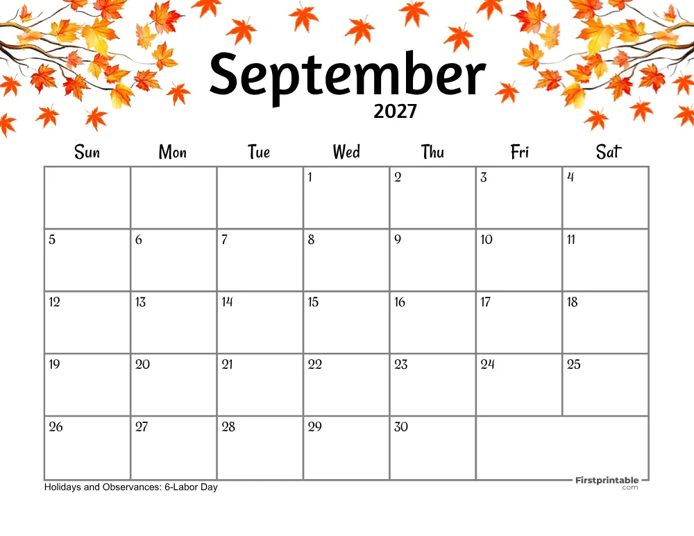 September Calendar 2027 - Fall