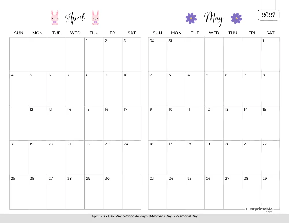 Two Month April May 2027 Calendar Template 01