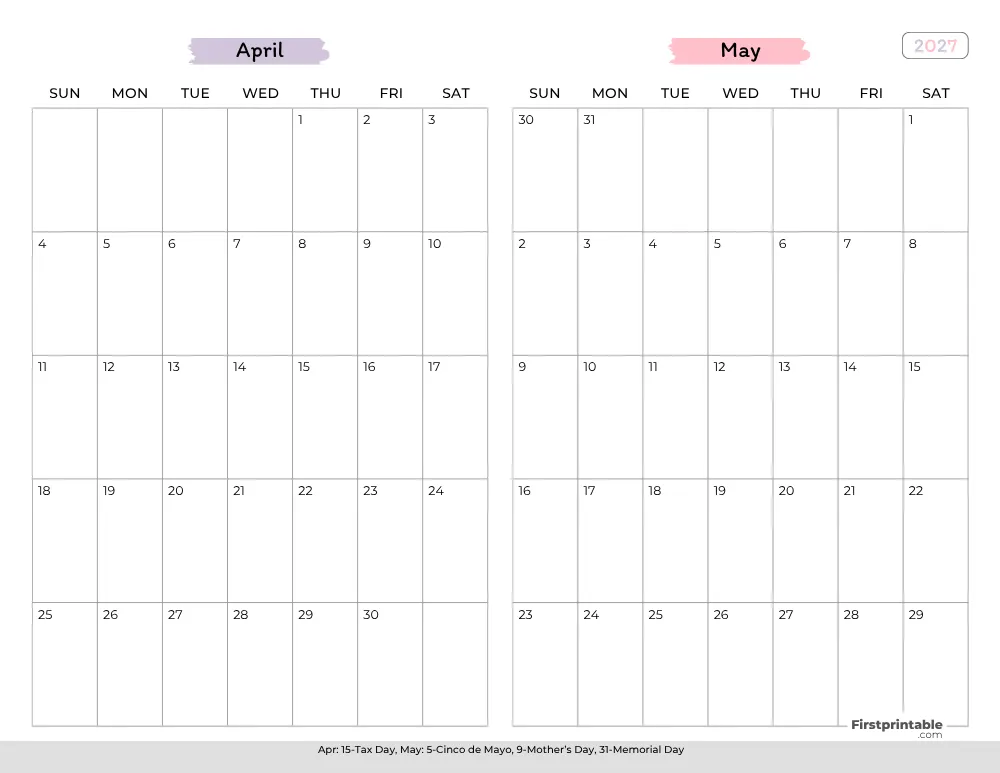 Two Month April May 2027 Calendar Template 02