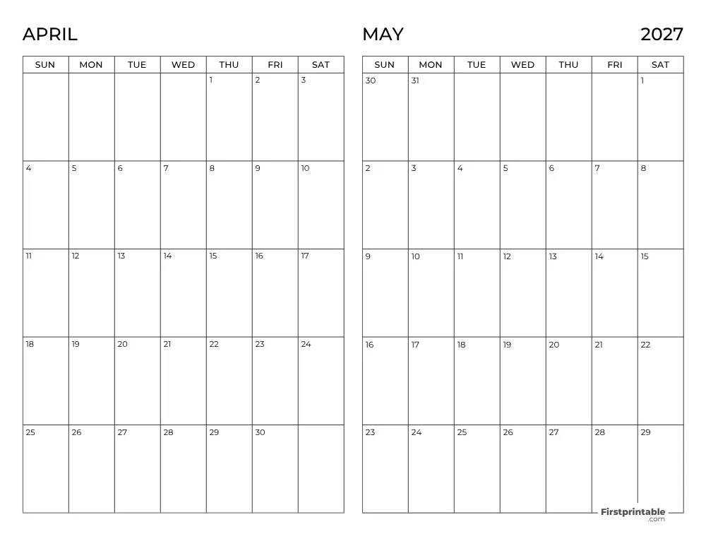 Two Month April May 2027 Calendar Template 03