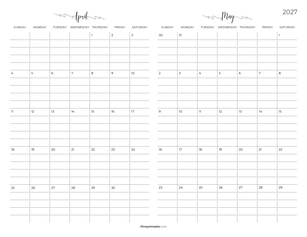 Two Month April May 2027 Calendar Template 05