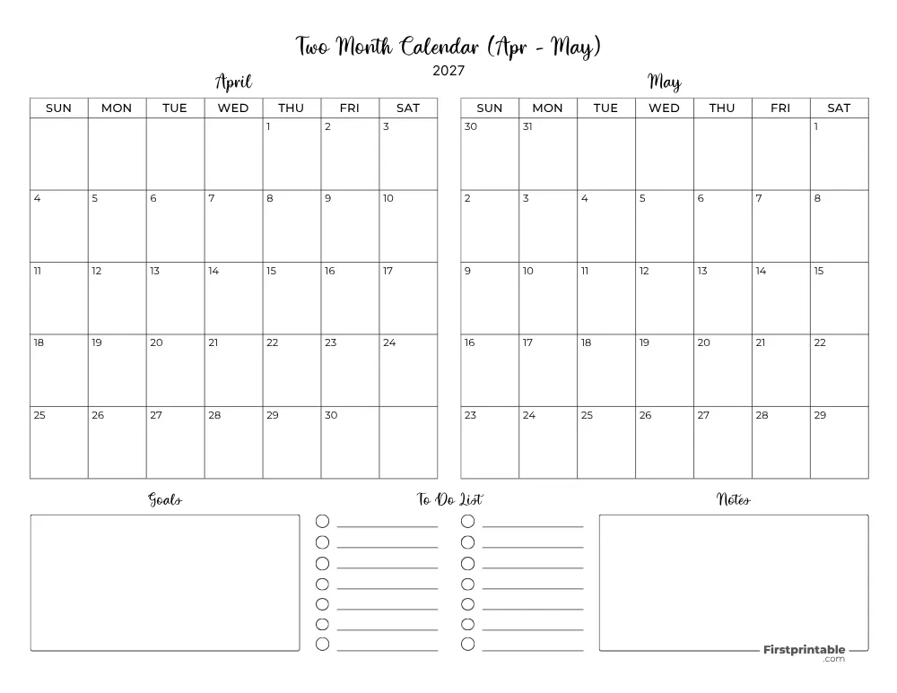 Two Month April May 2027 Calendar Template 06
