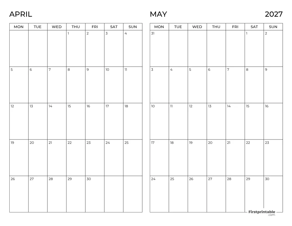 Two Month April May 2027 Calendar Template 10