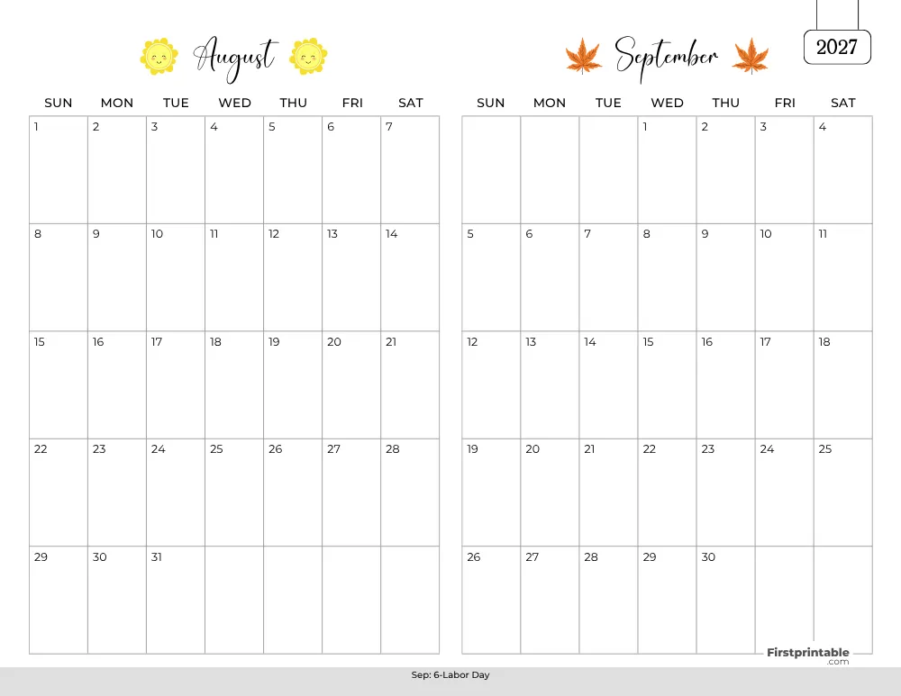 Two Month August September 2027 Calendar Template 01