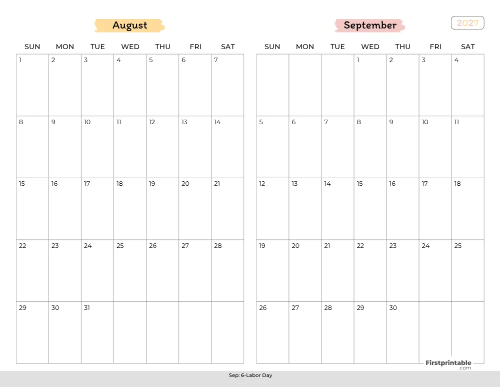 Two Month August September 2027 Calendar Template 02