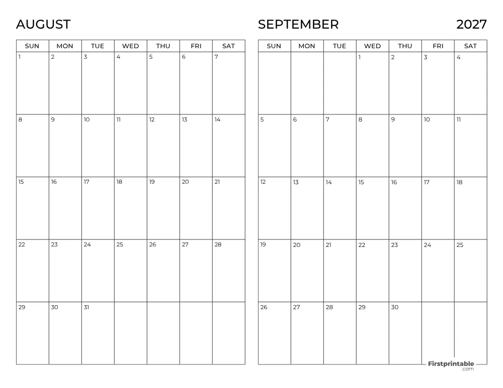 Two Month August September 2027 Calendar Template 03