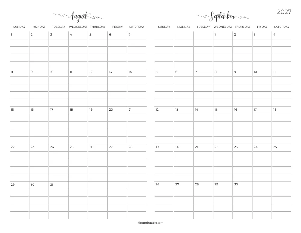 Two Month August September 2027 Calendar Template 05