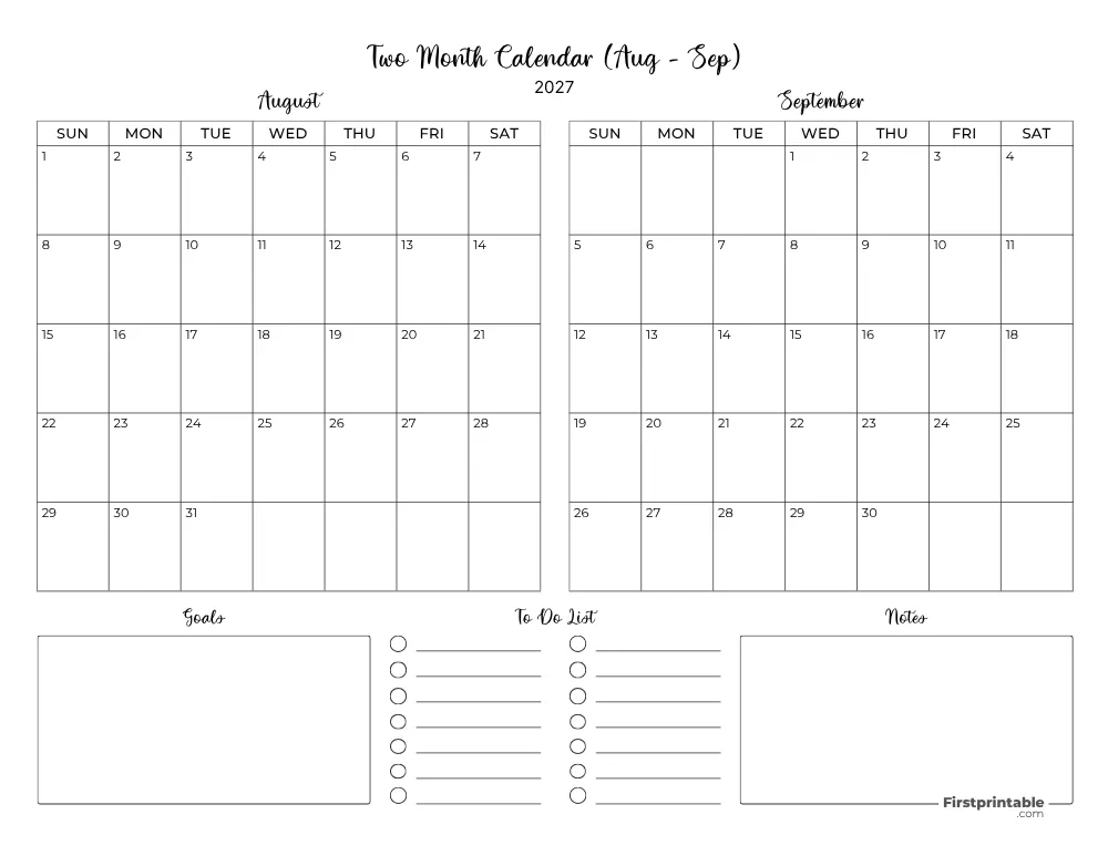 Two Month August September 2027 Calendar Template 06