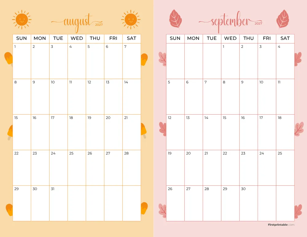Two Month August September 2027 Calendar Template 07