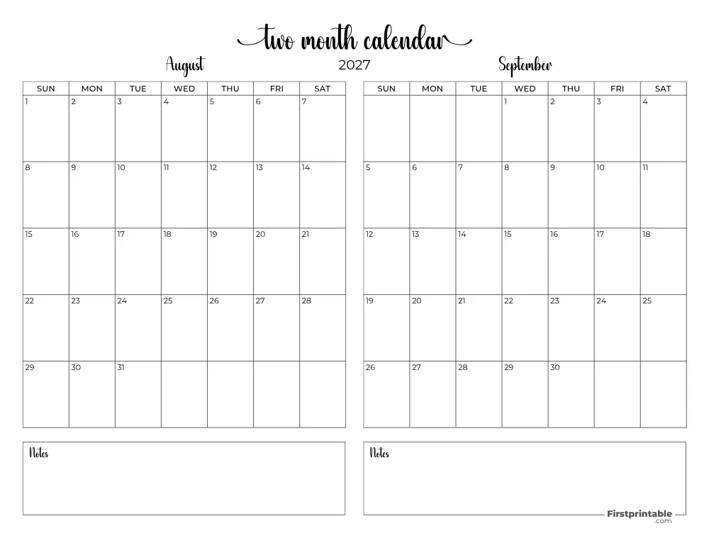 Two Month August September 2027 Calendar Template 08