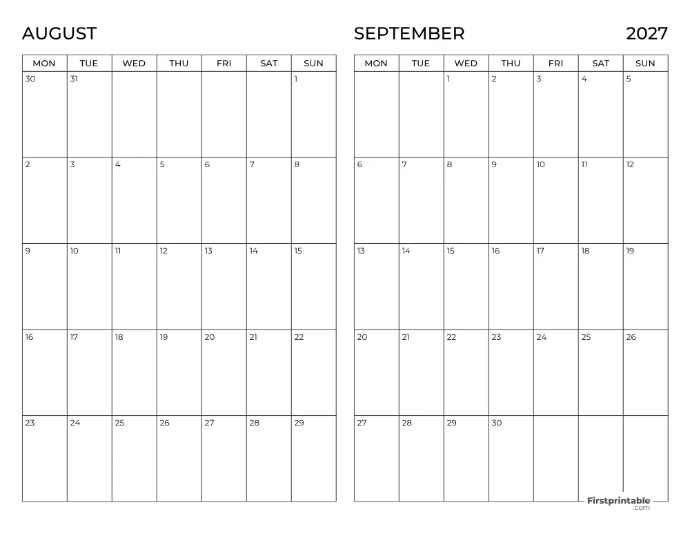 Two Month August September 2027 Calendar Template 10