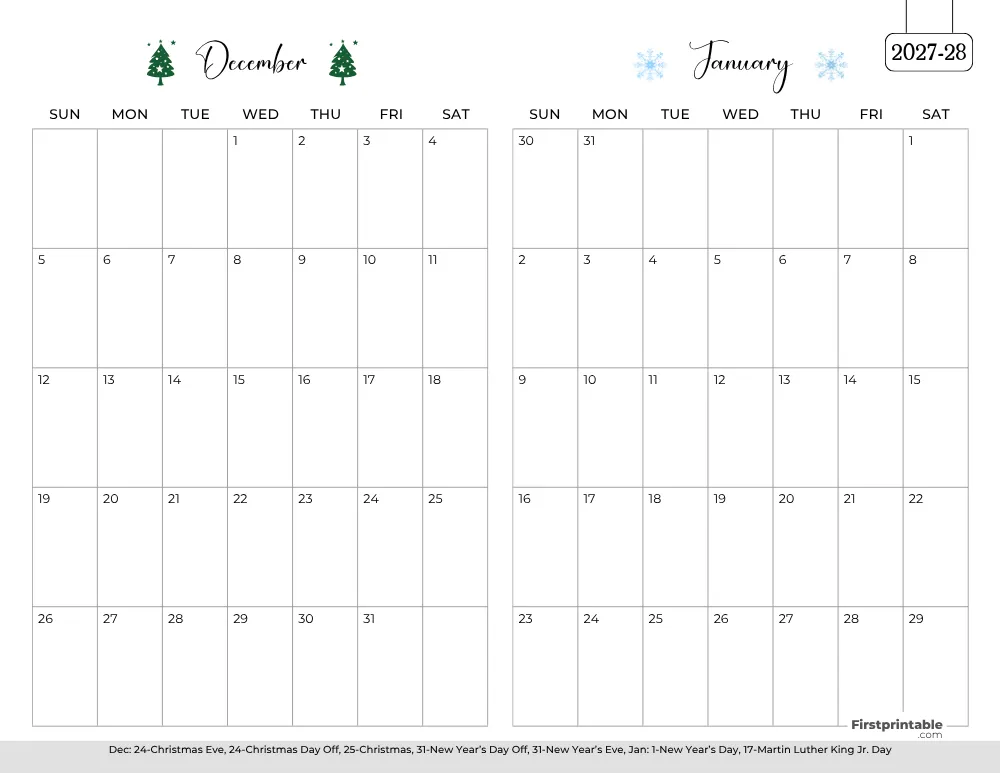 Two Month December January 2027 Calendar Template 01