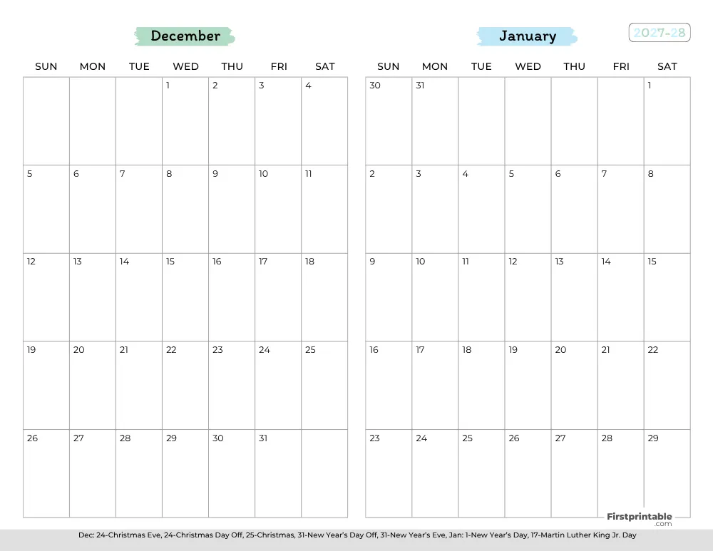 Two Month December January 2027 Calendar Template 02