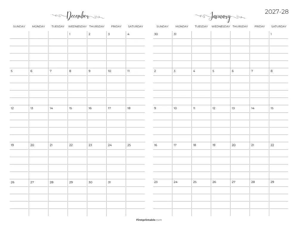 Two Month December January 2027 Calendar Template 05